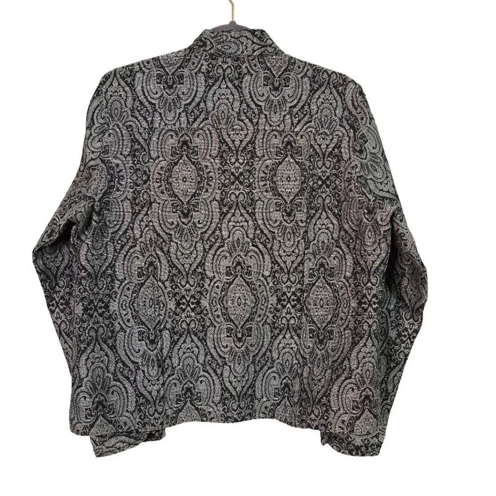 Vintage  L Tapestry Maximalist Art to‎ Wear Beaded Black Silver Shirt Jacket